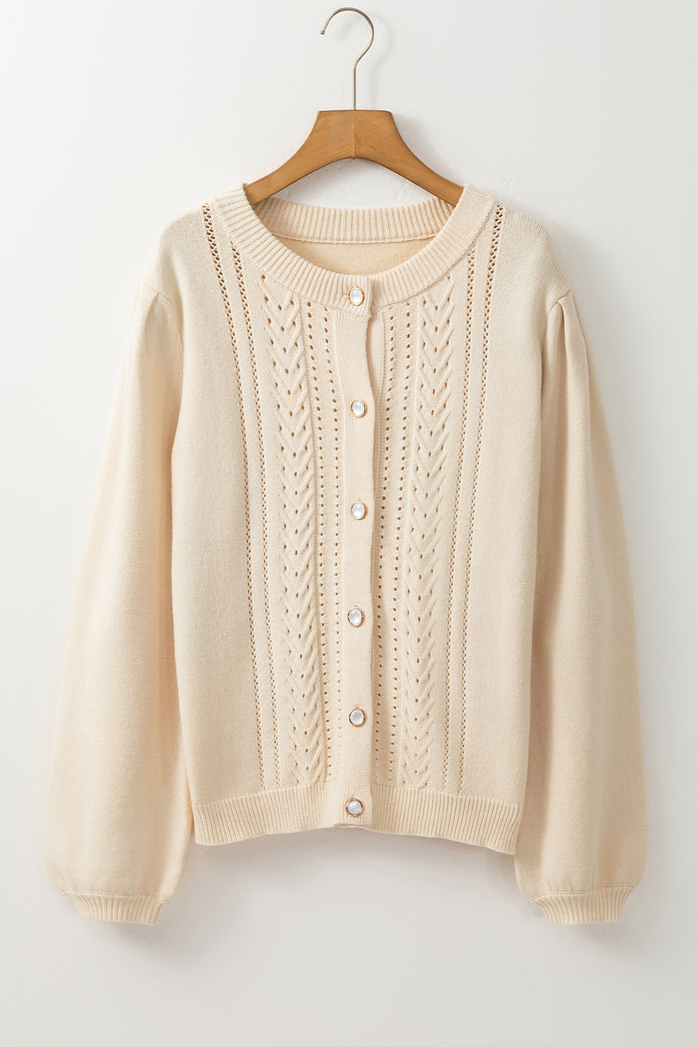 Cardigan pull boutonné a manches plissées et détails creux