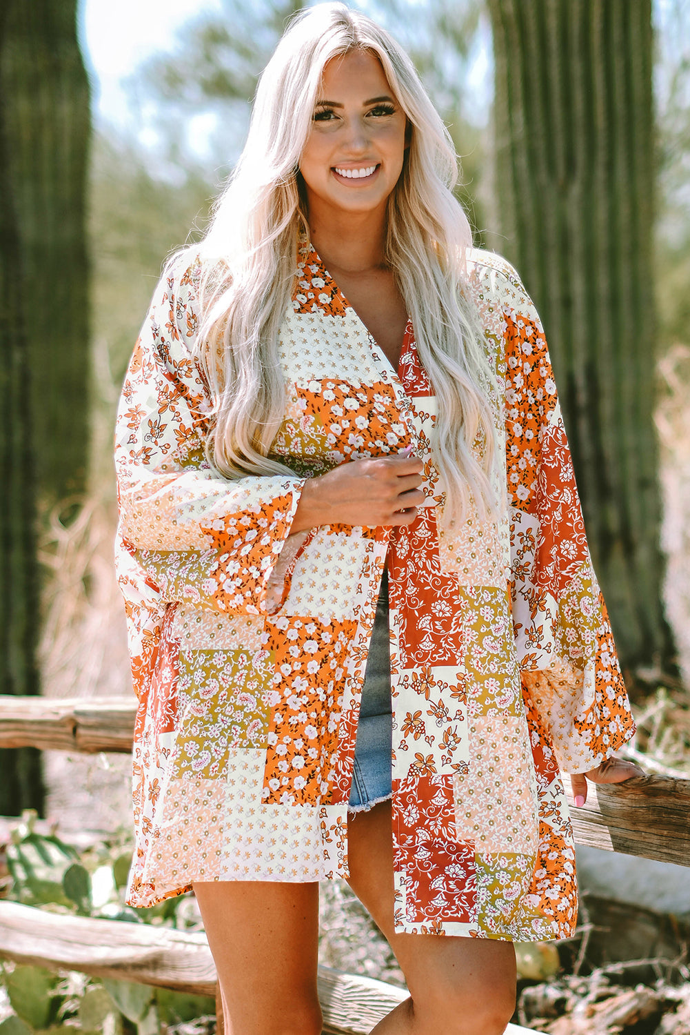 Kimono Boho Patchwork Floral Ouvert Sur Le Devant