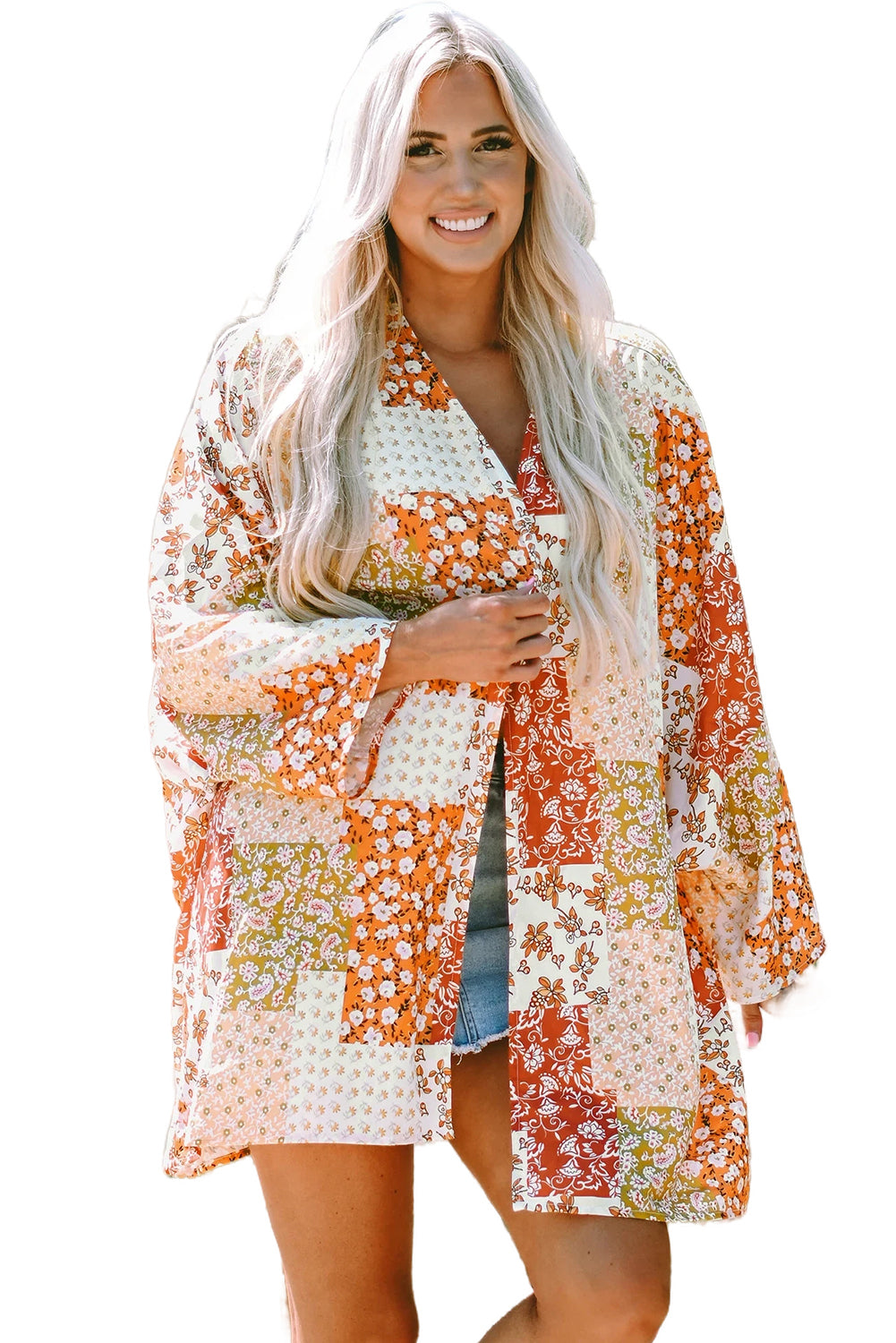Kimono Boho Patchwork Floral Ouvert Sur Le Devant