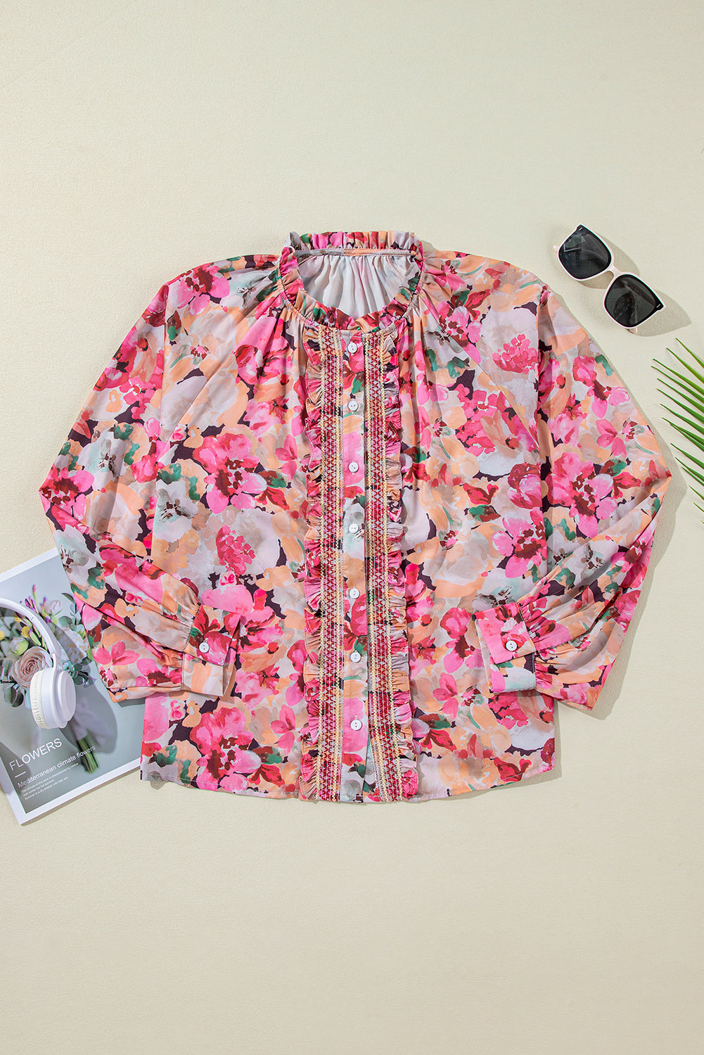 Chemise ample boutonnée à volants et imprimé floral