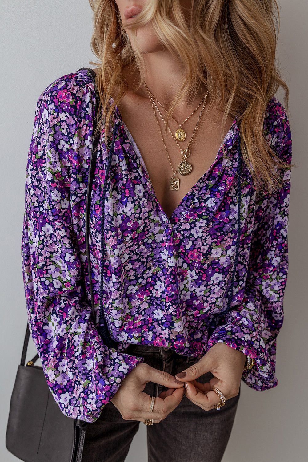 Blouse Boho Fleur Fendue a Col en V et Manches Bulles