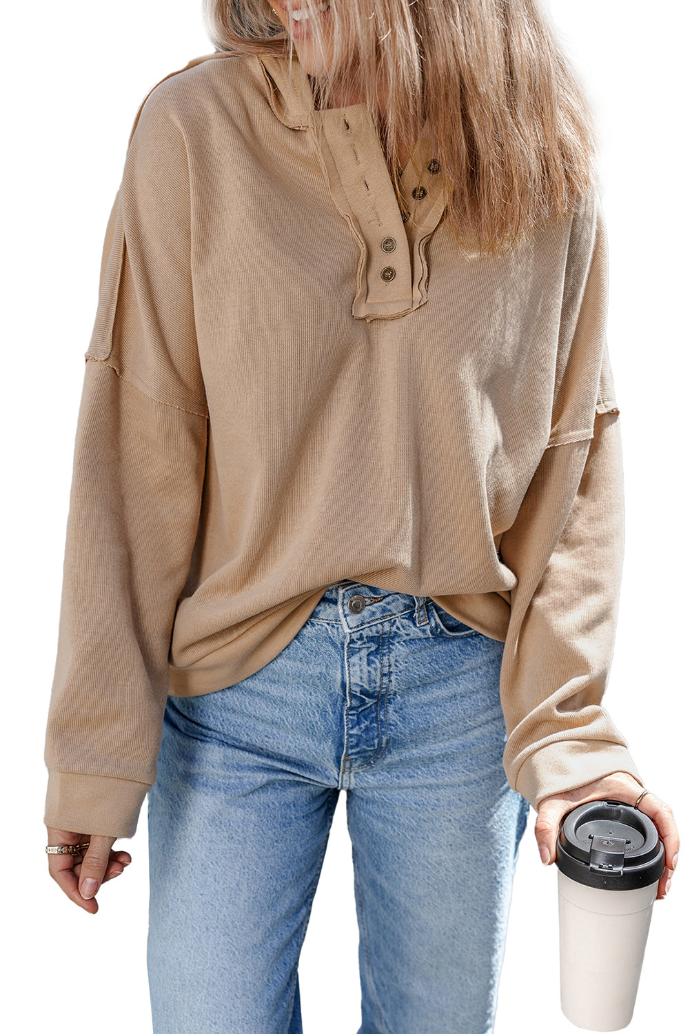 Sweat à capuche décontracté avec boutons et bordure en patchwork uni
