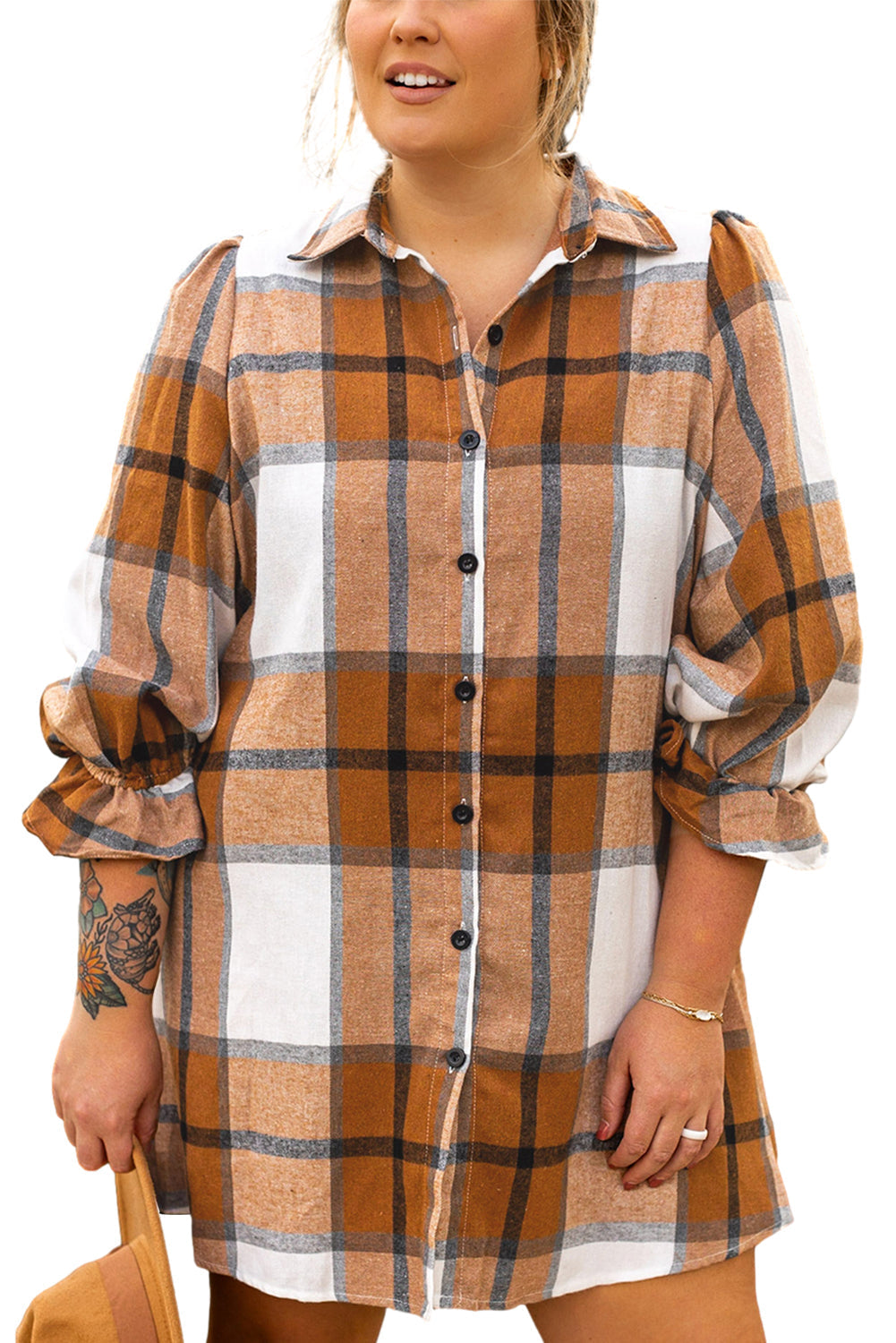 Robe Chemise Boutonnée à Carreaux à Manches Volantes de Grande Taille