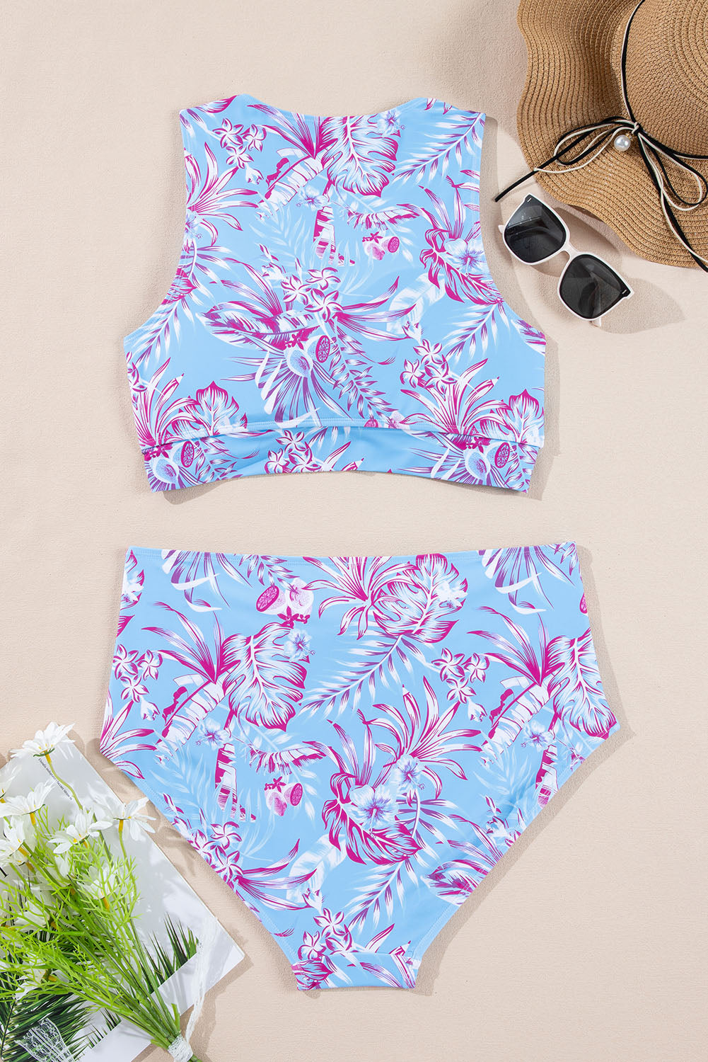 Ensemble bikini taille haute torsadé à imprimé floral grande taille