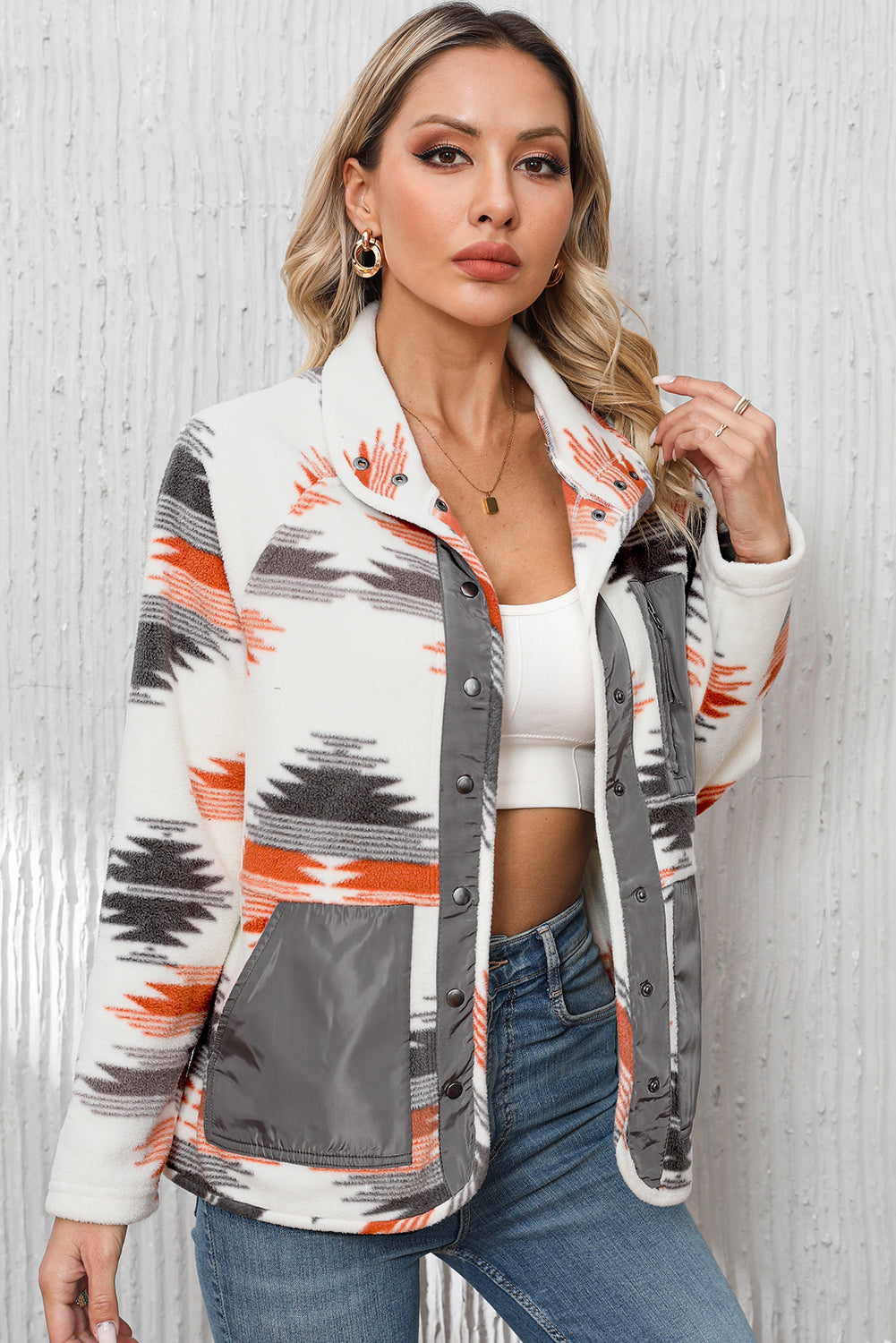 Veste à boutons-pression en polaire patchwork aztèque
