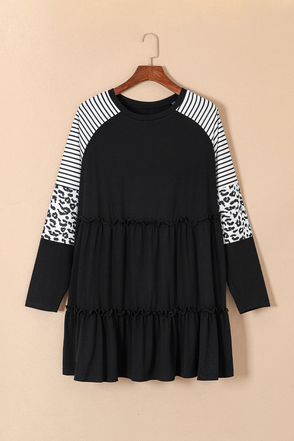 Robe Rayée Léopard à Volants et Manches Patches de Grande Taille