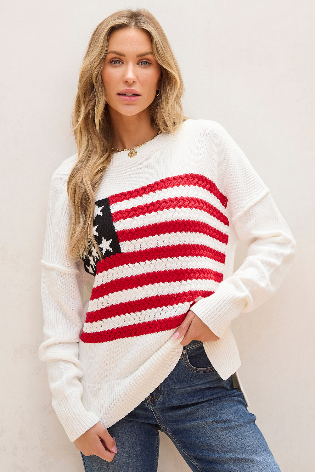 Pull à épaules tombantes en tricot torsadé drapeau américain