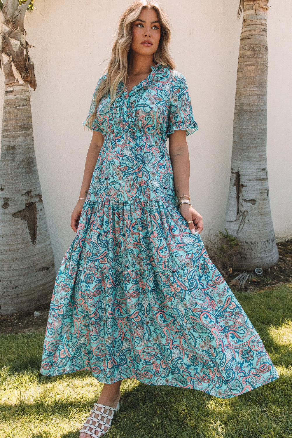 Robe longue bohème à imprimé cachemire et volants pour les vacances