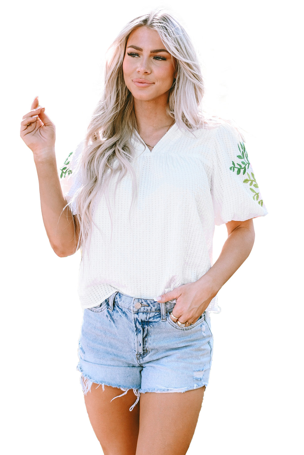 Blouse à col cranté et manches bouffantes brodées florales