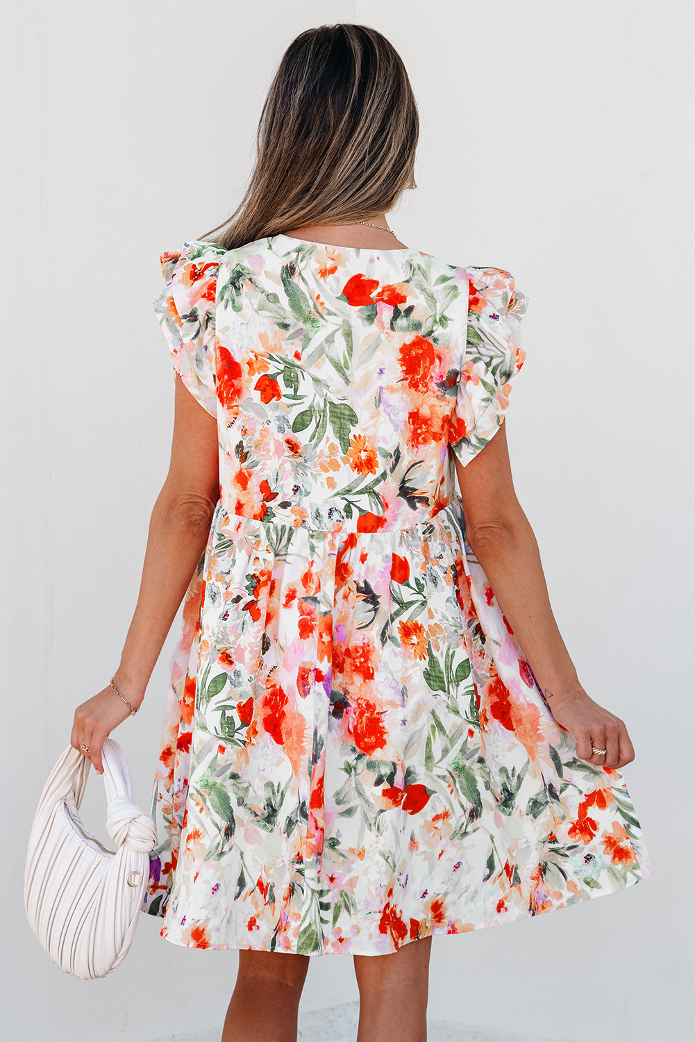 Mini-robe florale à manches à double volant et col en V, taille haute