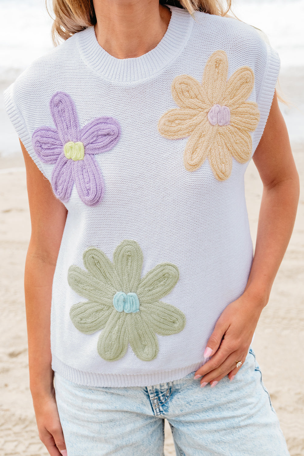 Pull a manches courtes en tricot a fleurs au crochet multicolore