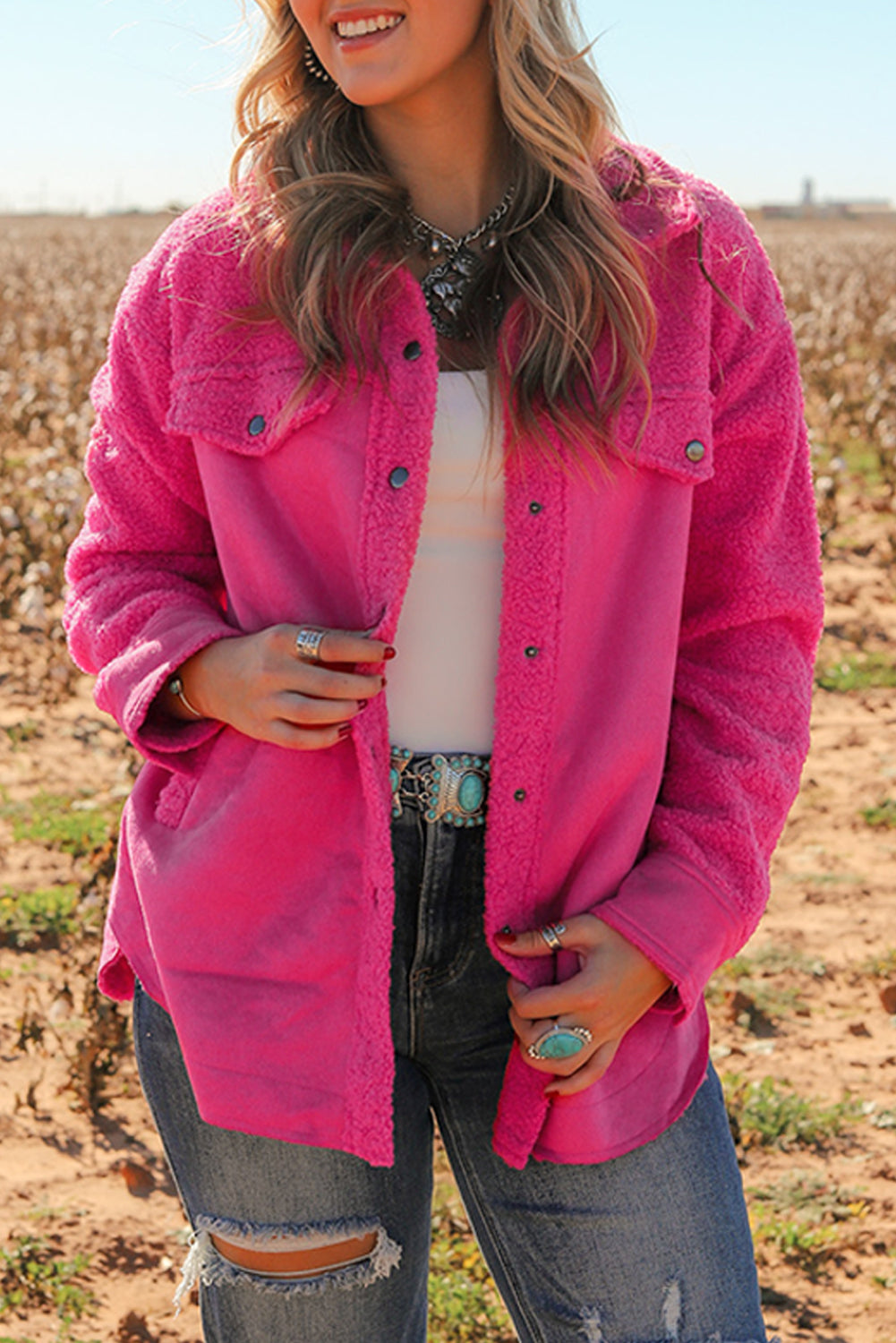 Veste boutonnée en patchwork sherpa en faux suède