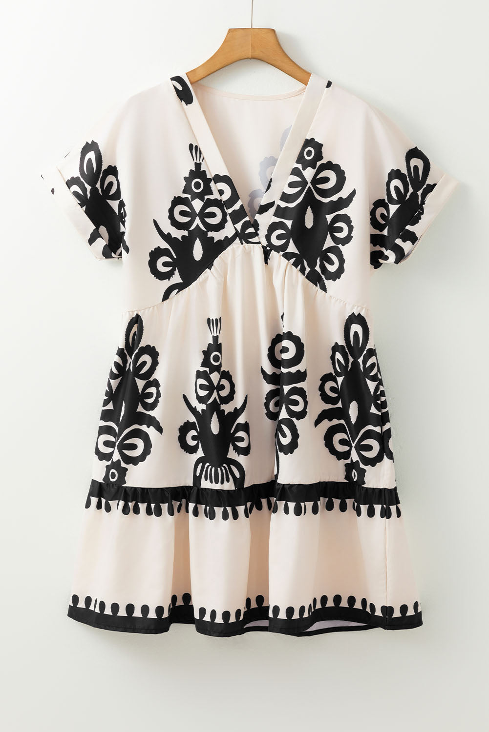 Robe à manches courtes et taille haute à imprimé vintage et col en V