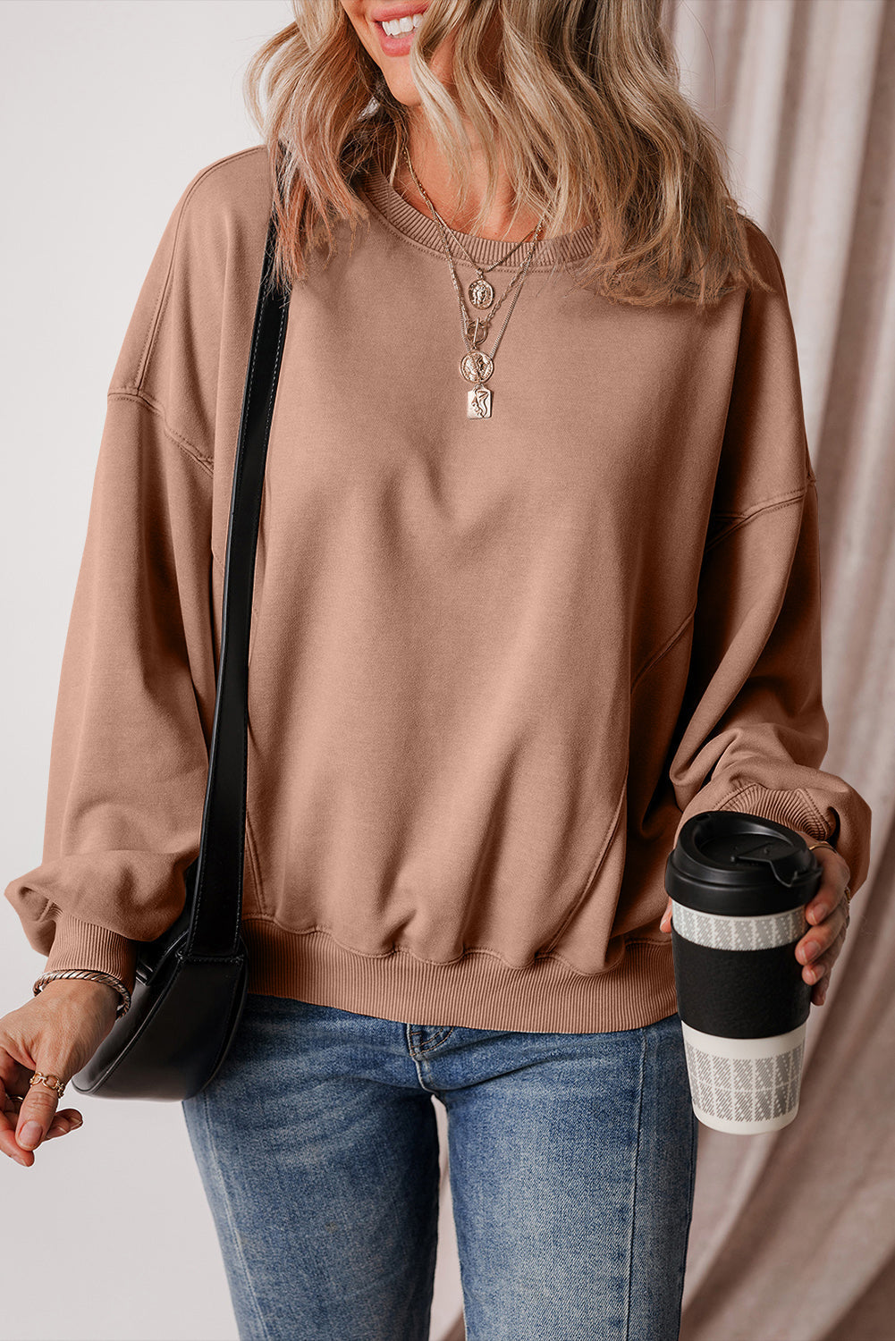 Sweat-shirt a coutures apparentes, manches chauve-souris et épaules tombantes