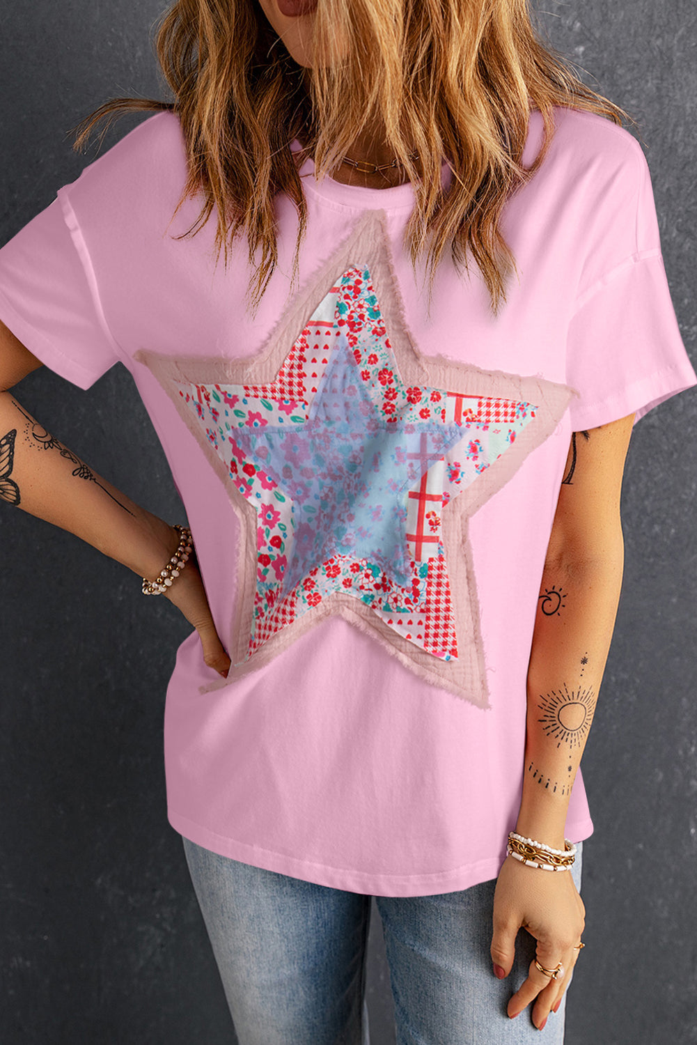 T-shirt ample patchwork étoiles rose