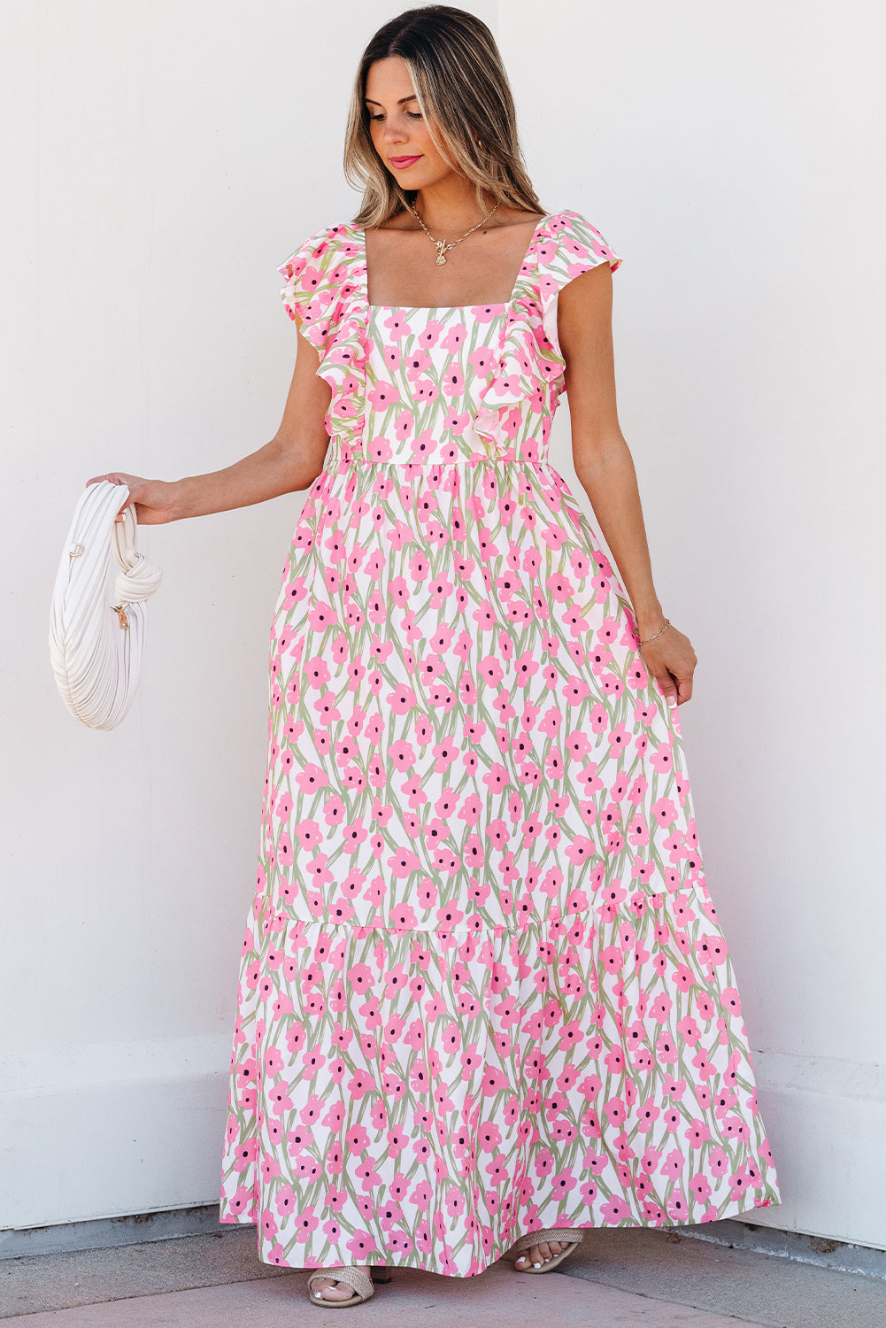 Robe longue à imprimé floral, col carré, bretelles à volants