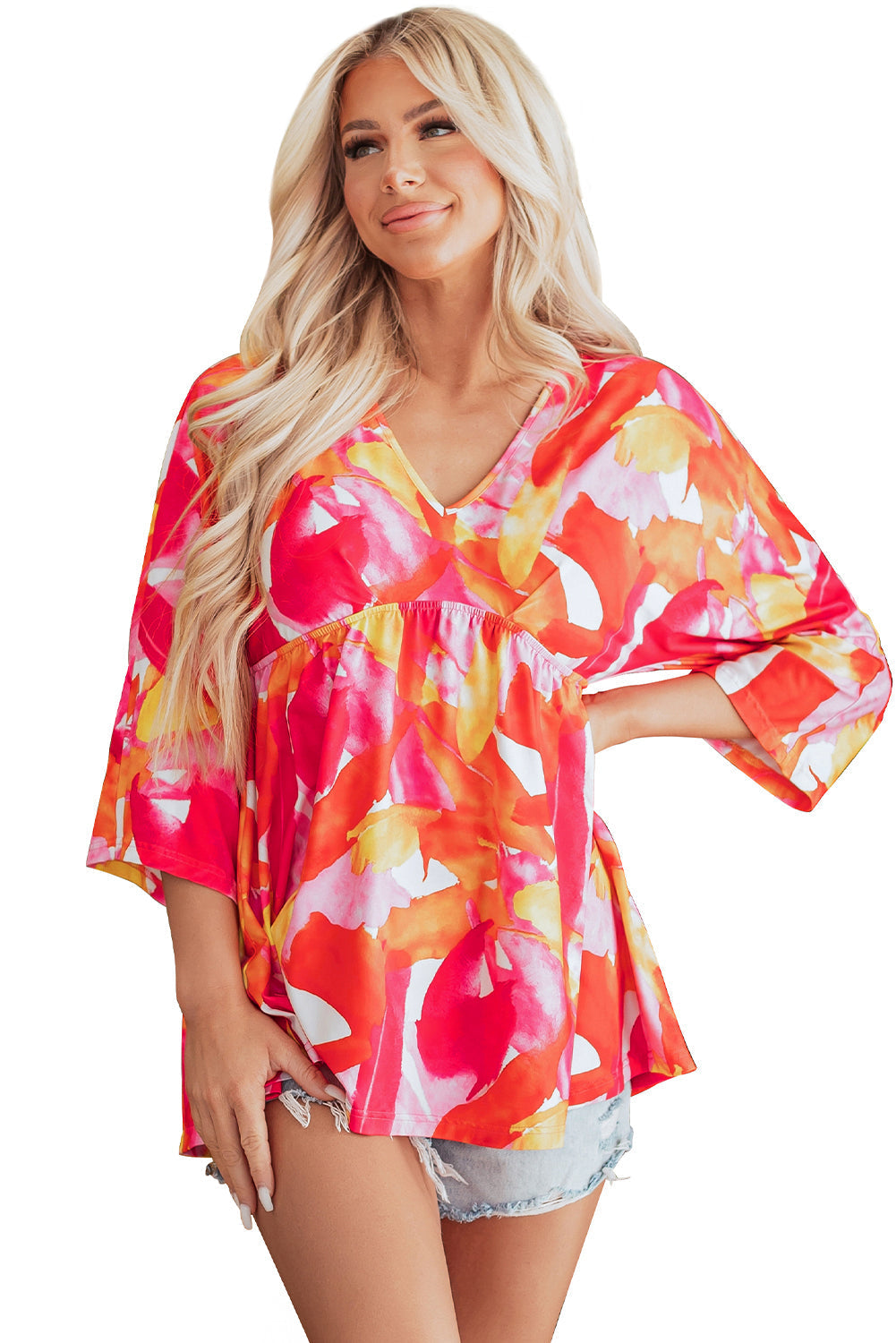 Blouse babydoll a volants et col en V a manches 3/4 et imprimé abstrait