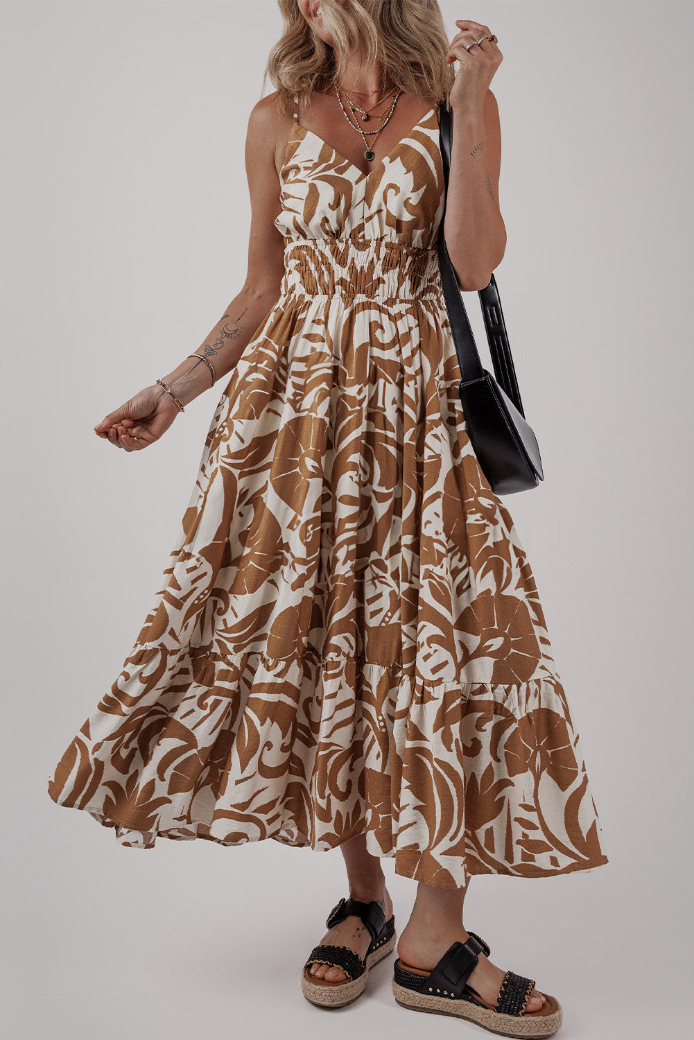 Robe longue à fleurs froncées, taille haute, bretelles spaghetti