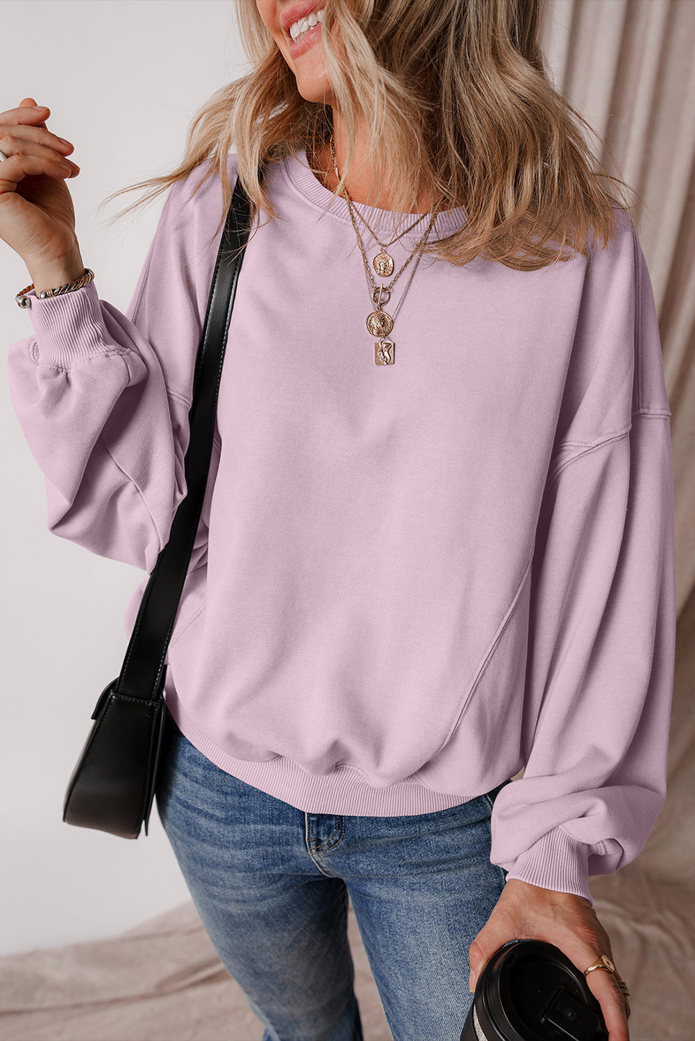 Sweat-shirt a coutures apparentes, manches chauve-souris et épaules tombantes