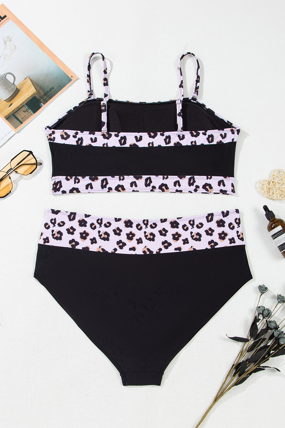 Maillot de bain 2 pièces taille haute patchwork léopard grande taille