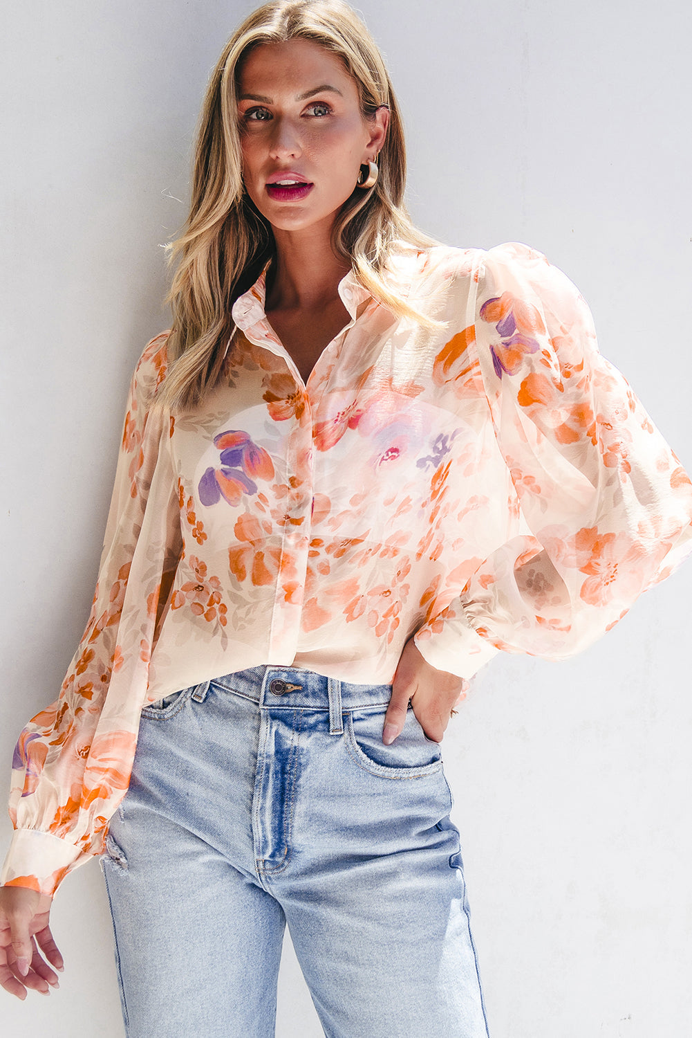 Chemise ample à manches ballon et col imprimé floral