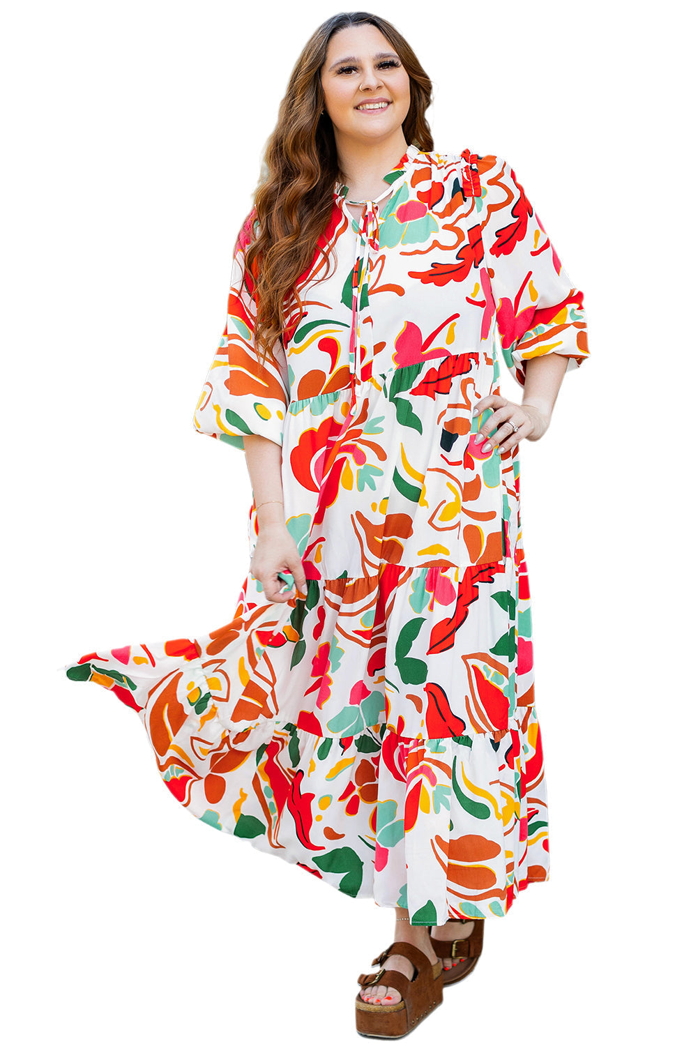 Robe a plusieurs niveaux a col en V et imprimé floral, grande taille