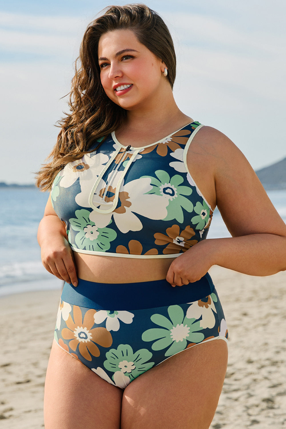 Bikini deux pièces grande taille zippé à imprimé floral