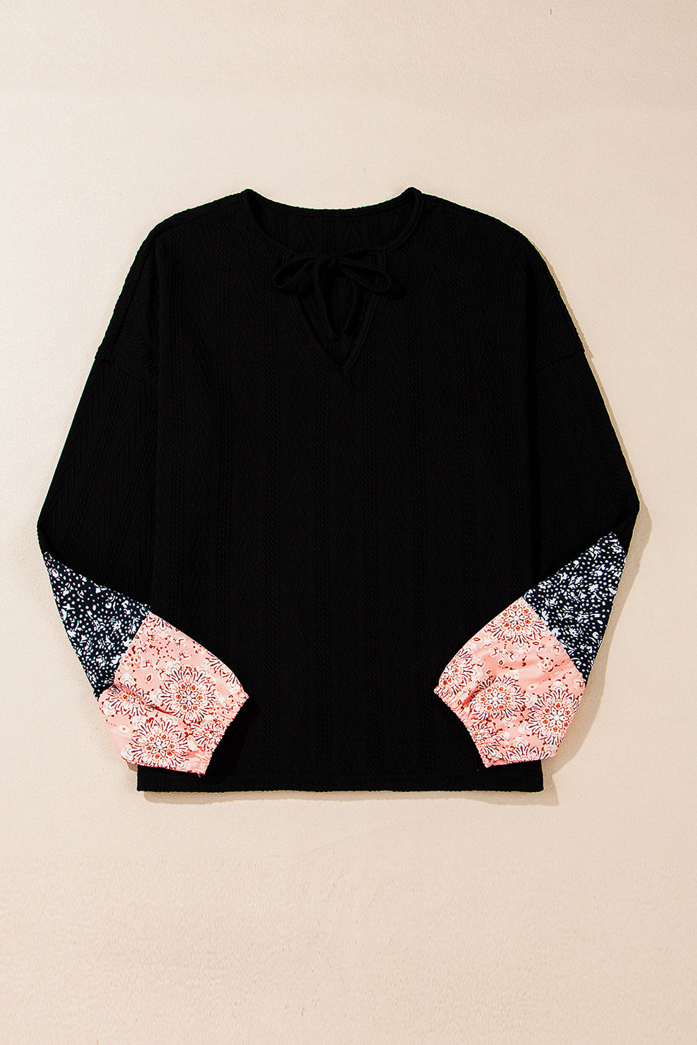 Blouse a col en V avec cordon de serrage en tricot texturé patchwork floral