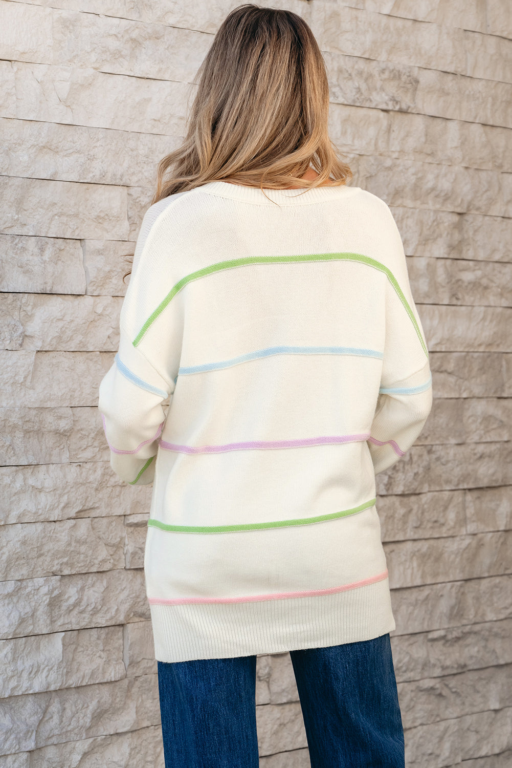 Pull ample Henley à rayures arc-en-ciel et épaules tombantes