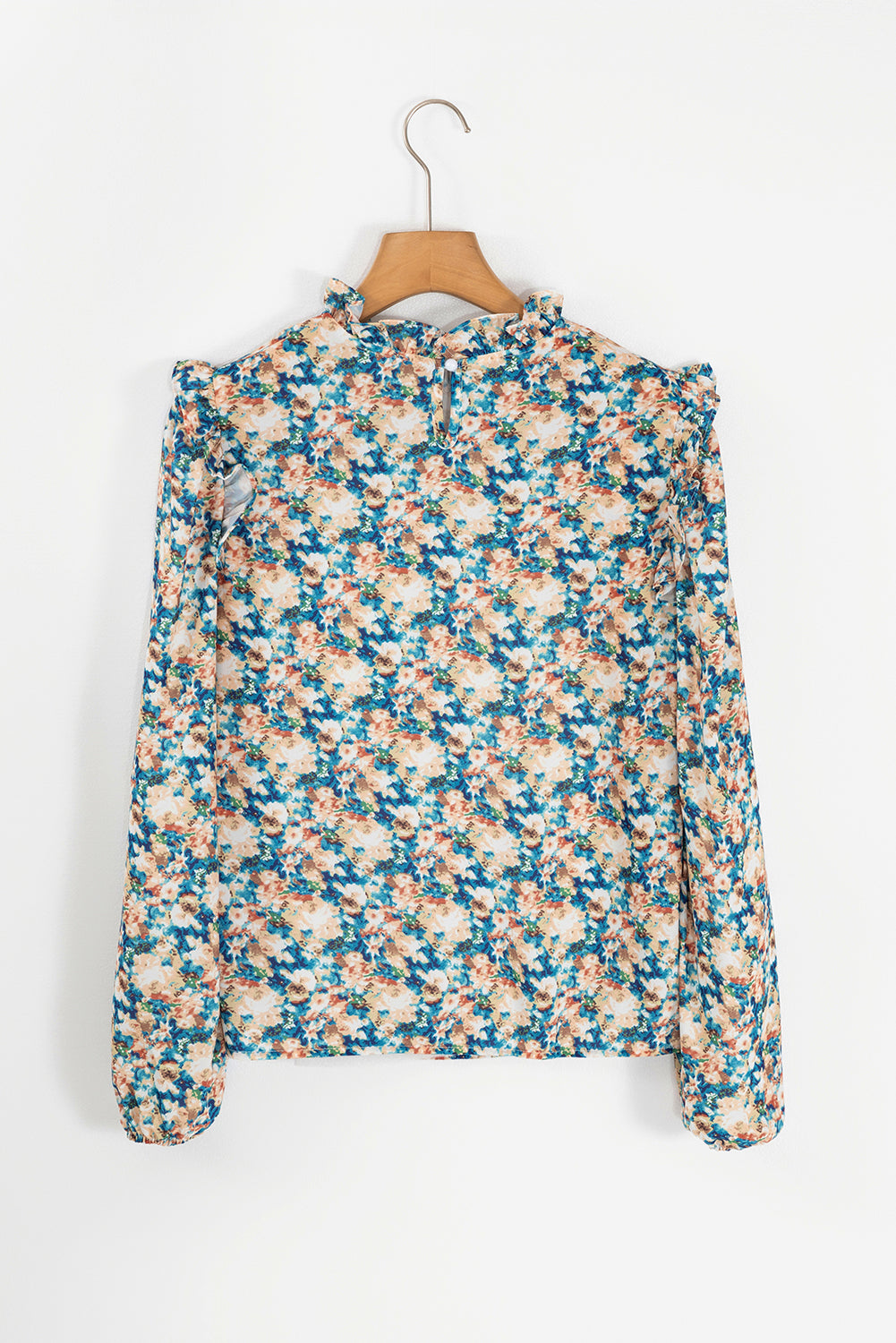 Blouse à manches bouffantes et col montant à volants et imprimé floral