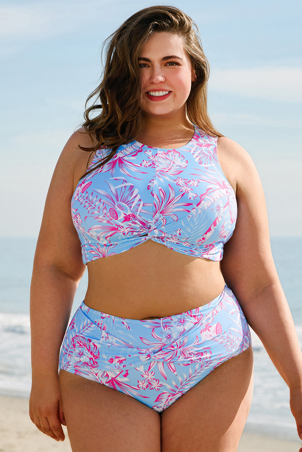 Ensemble bikini taille haute torsadé à imprimé floral grande taille