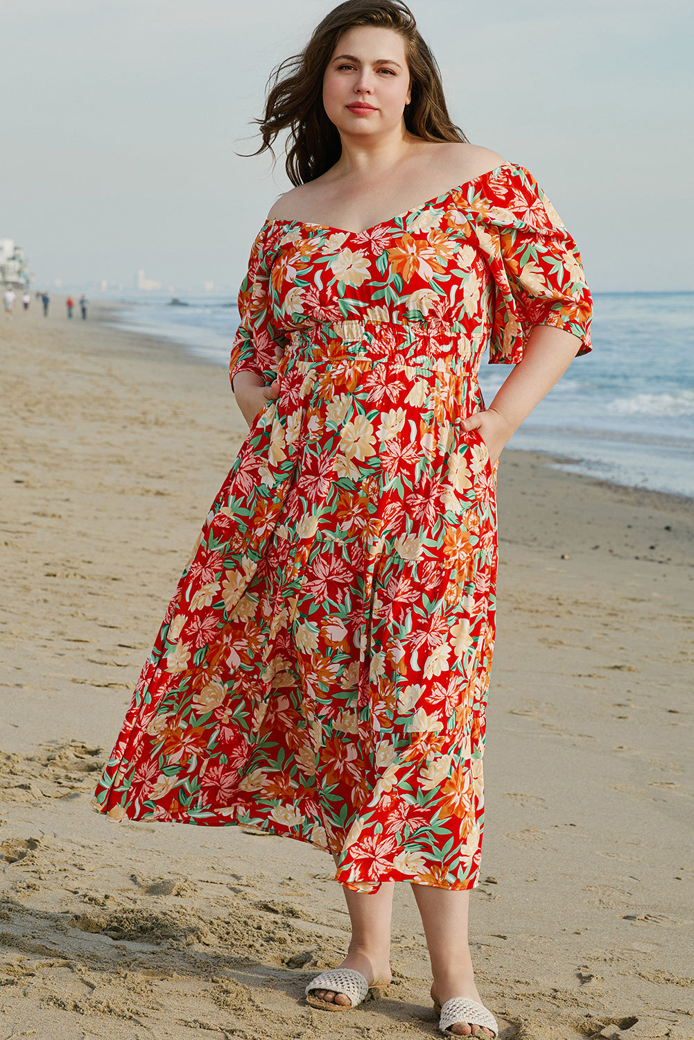 Robe longue grande taille à fleurs, col en V, manches flottantes, taille cintrée