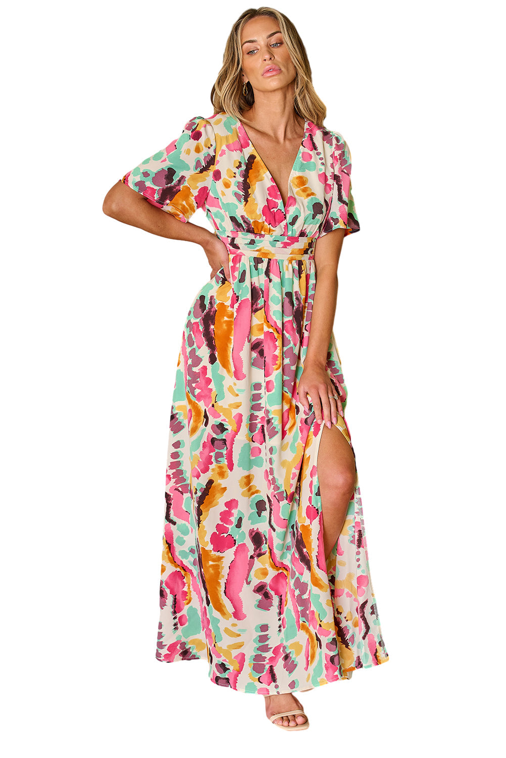 Robe longue bohème à imprimé tie-dye et col en V