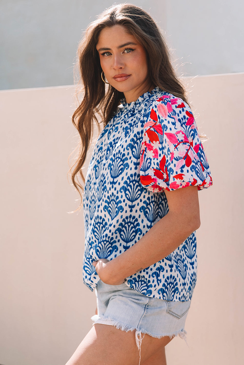 Chemisier à manches bouffantes et col à volants, imprimé floral, style western