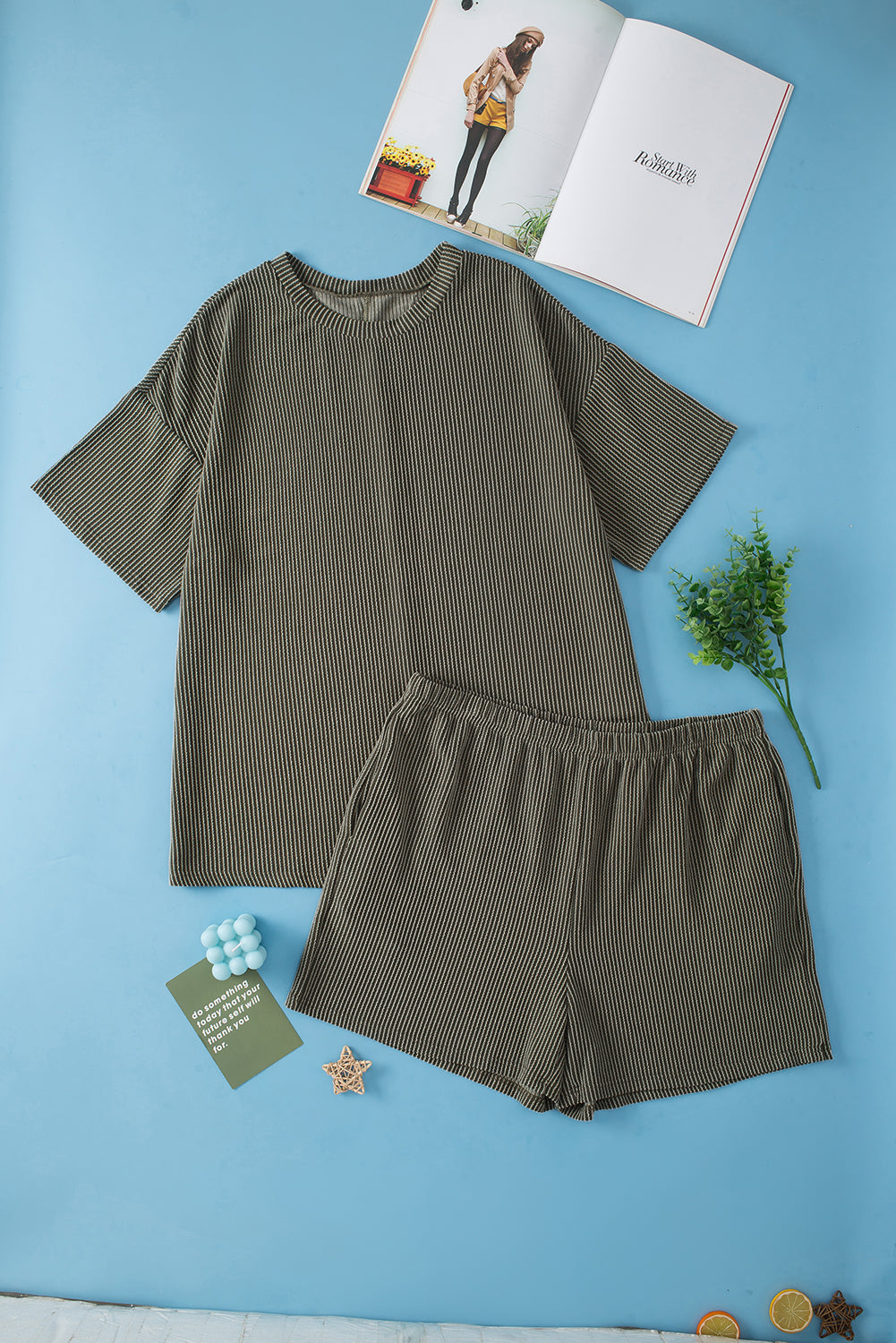 Ensemble Haut a Manches Courtes et Short en Tricot Côtelé de Grande Taille