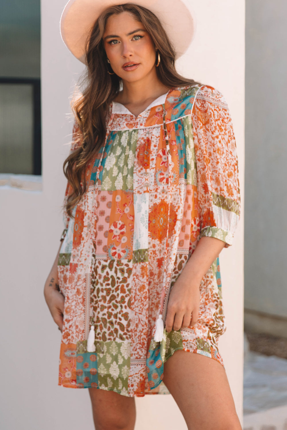 Robe ample en mousseline de soie à imprimé cachemire bohème et manches 3/4