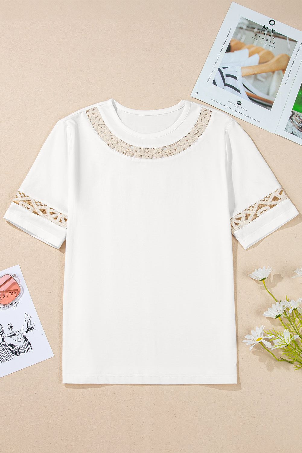 T-shirt décontracté à col rond et dentelle au crochet