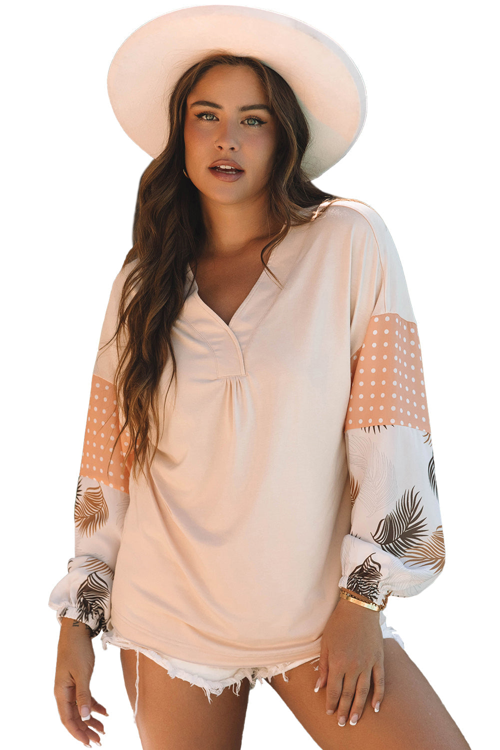 Blouse ample a col en V et manches bouffantes a pois et feuilles de palmier