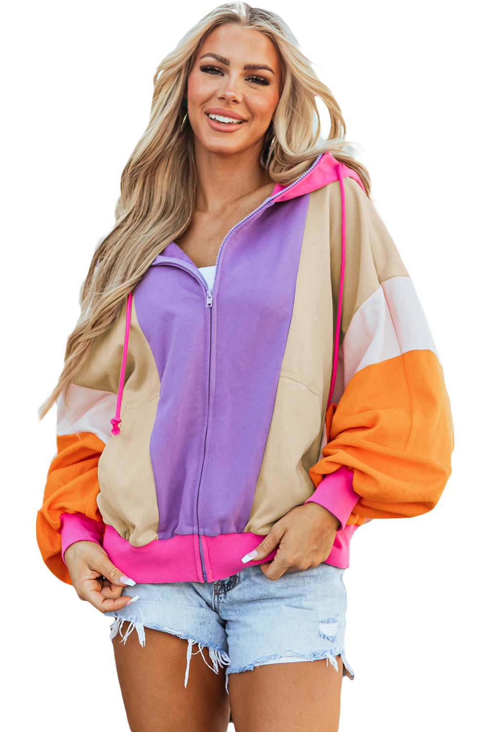 Sweat à capuche surdimensionné avec fermeture éclair et patchwork color block
