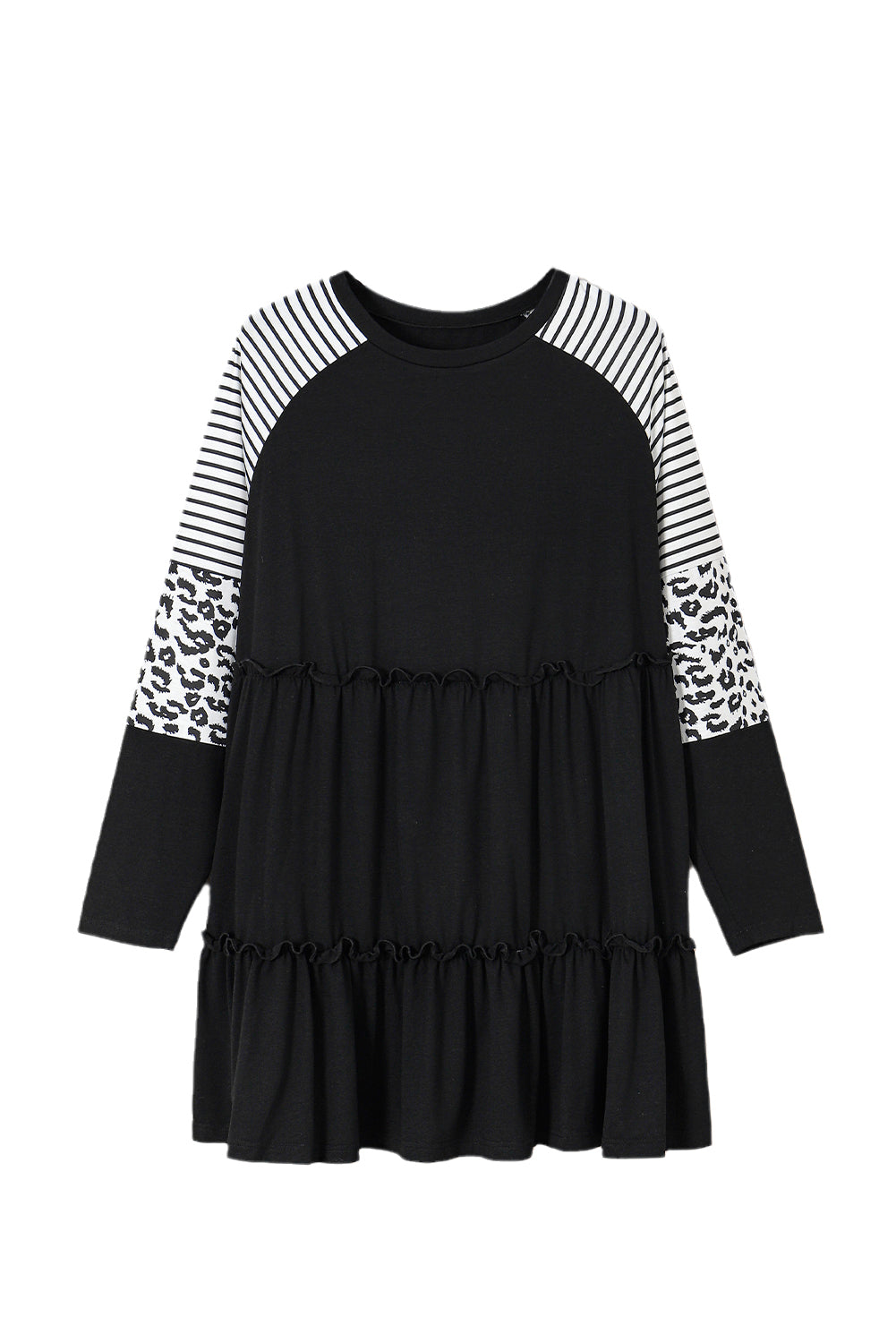 Robe Rayée Léopard à Volants et Manches Patches de Grande Taille