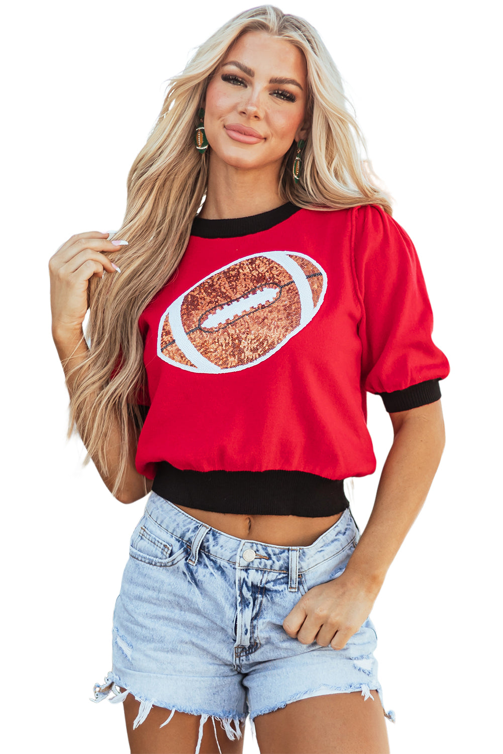 Pull Rugby a Manches Courtes Bouffantes Color Block a Paillettes