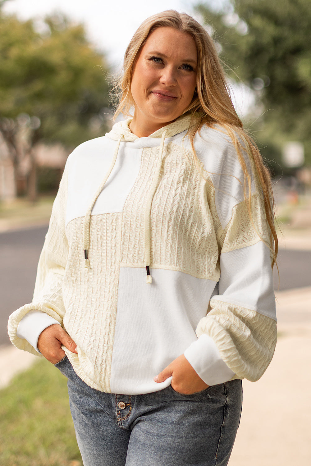 Sweat a Capuche Texturé Patchwork a Coutures Exposées Grande Taille