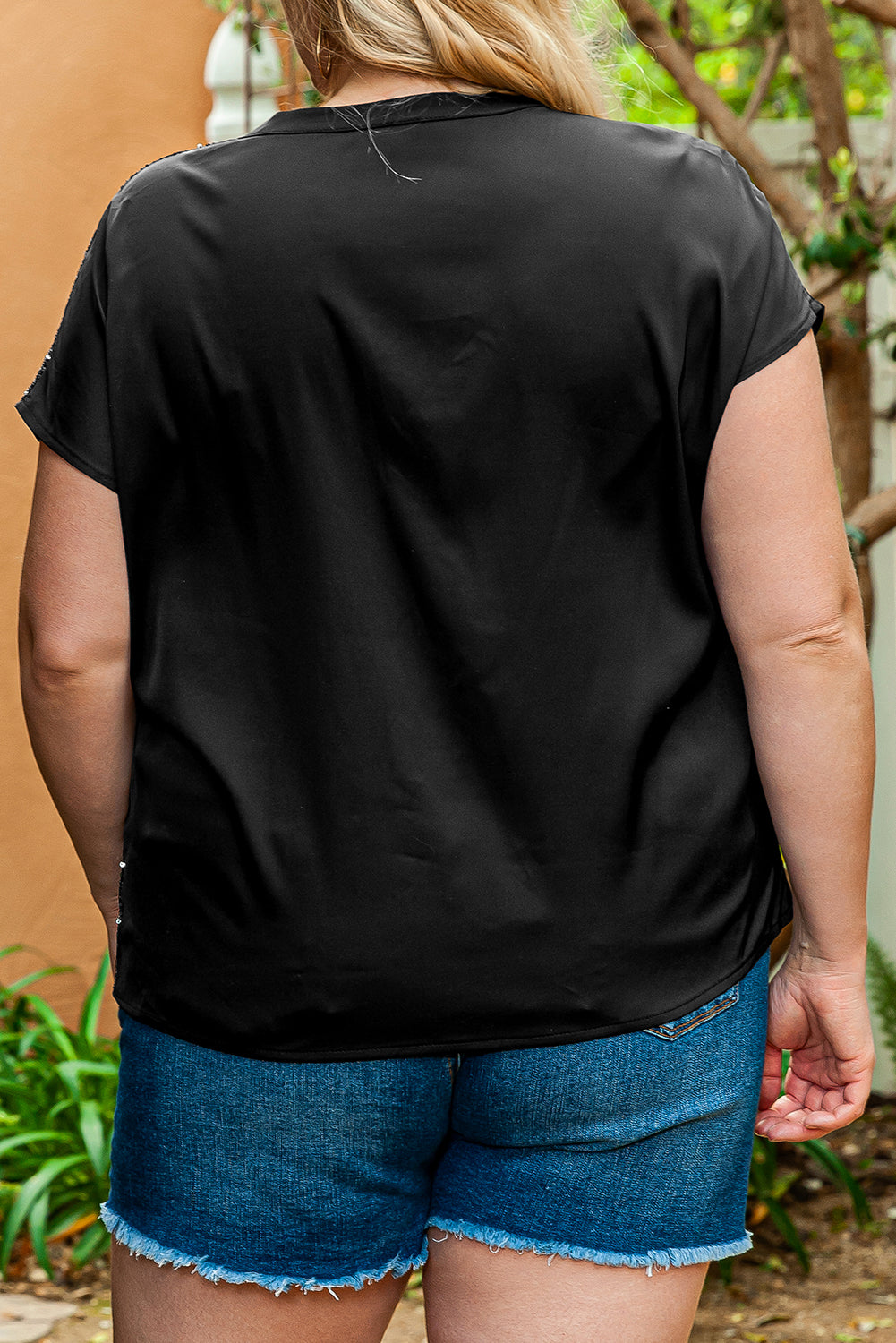 T-shirt Patchwork à Paillettes et Col en V de Grande Taille