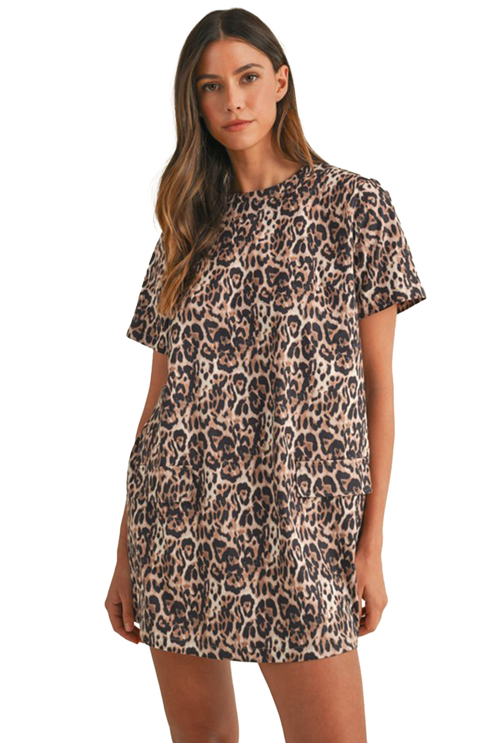 Robe t-shirt courte à col rond et imprimé léopard