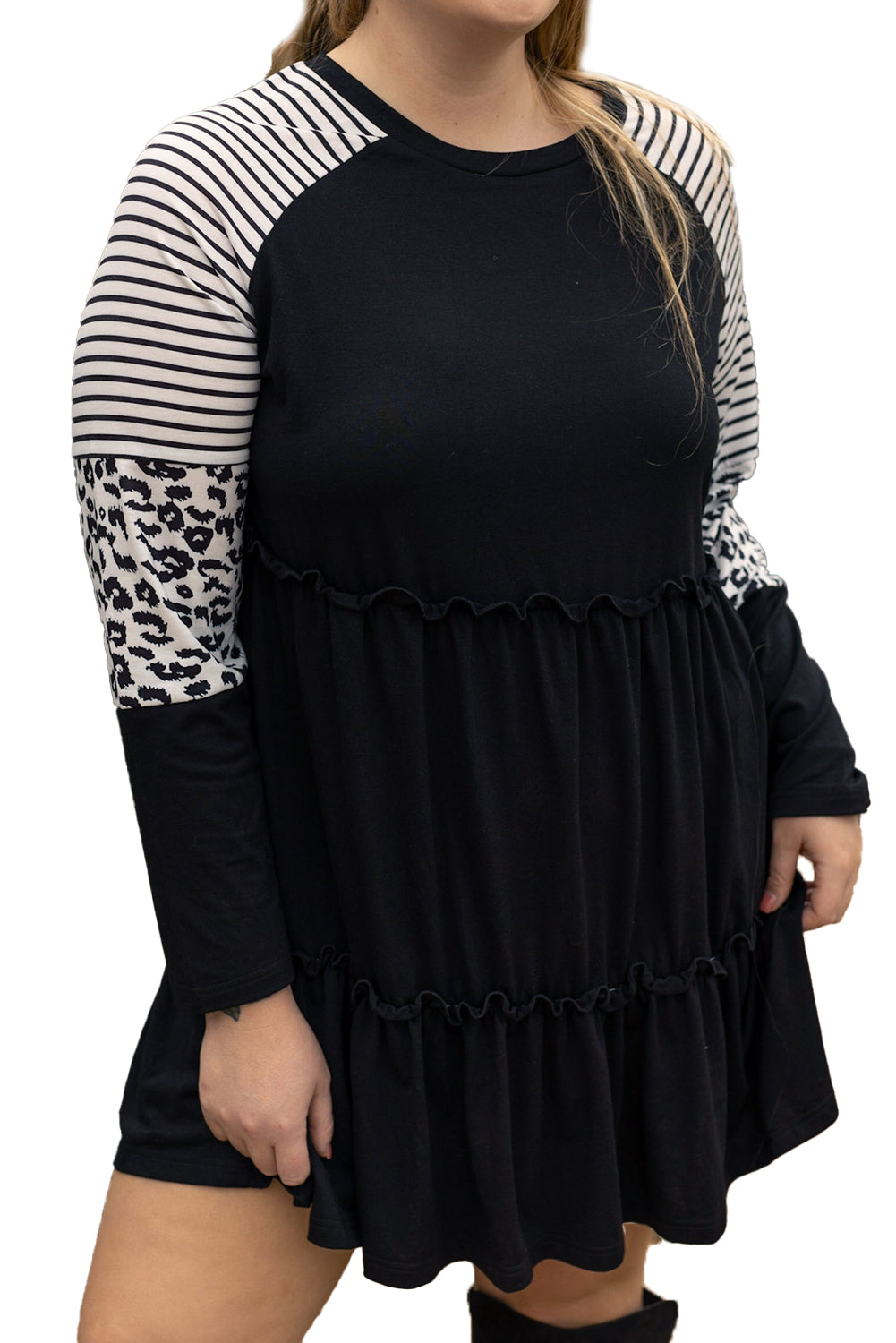 Robe Rayée Léopard à Volants et Manches Patches de Grande Taille
