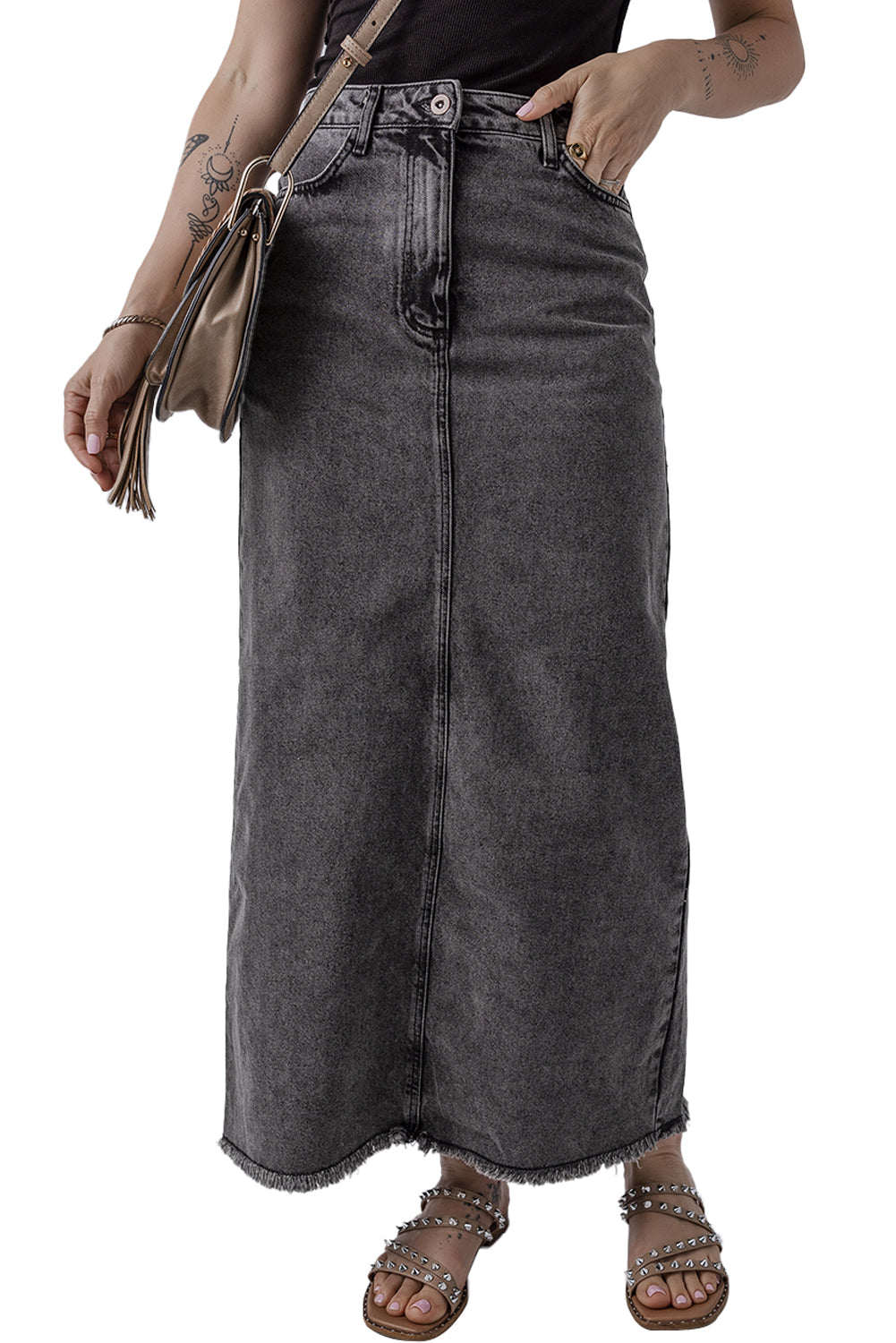 Jupe longue taille haute fendue au dos en denim a ourlet brut