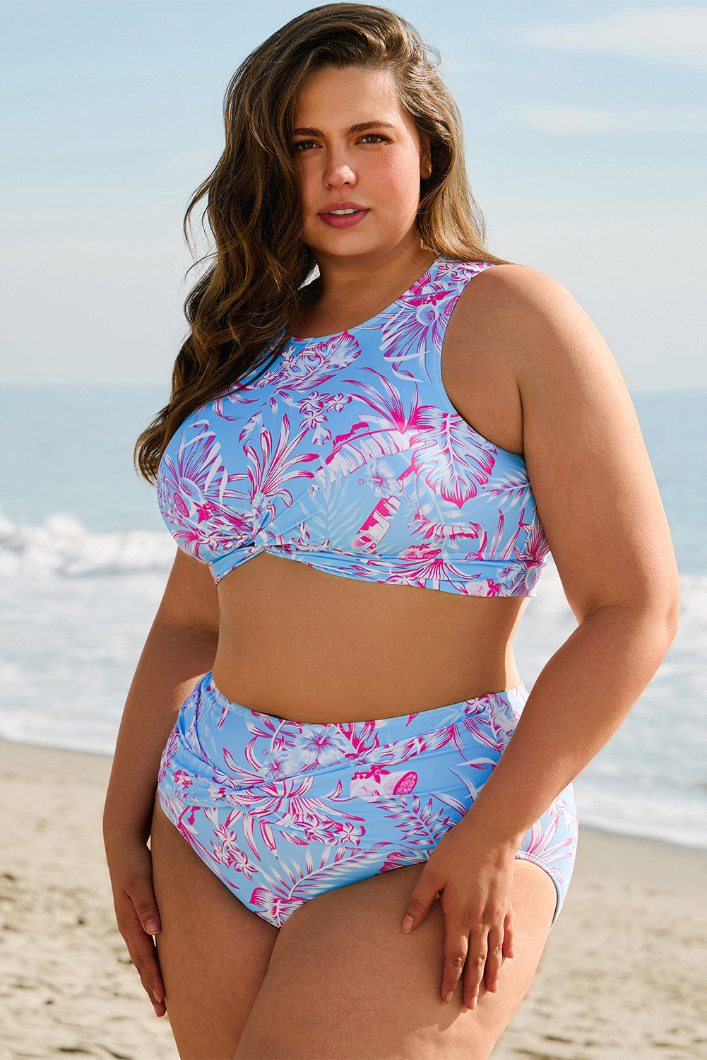 Ensemble bikini taille haute torsadé à imprimé floral grande taille