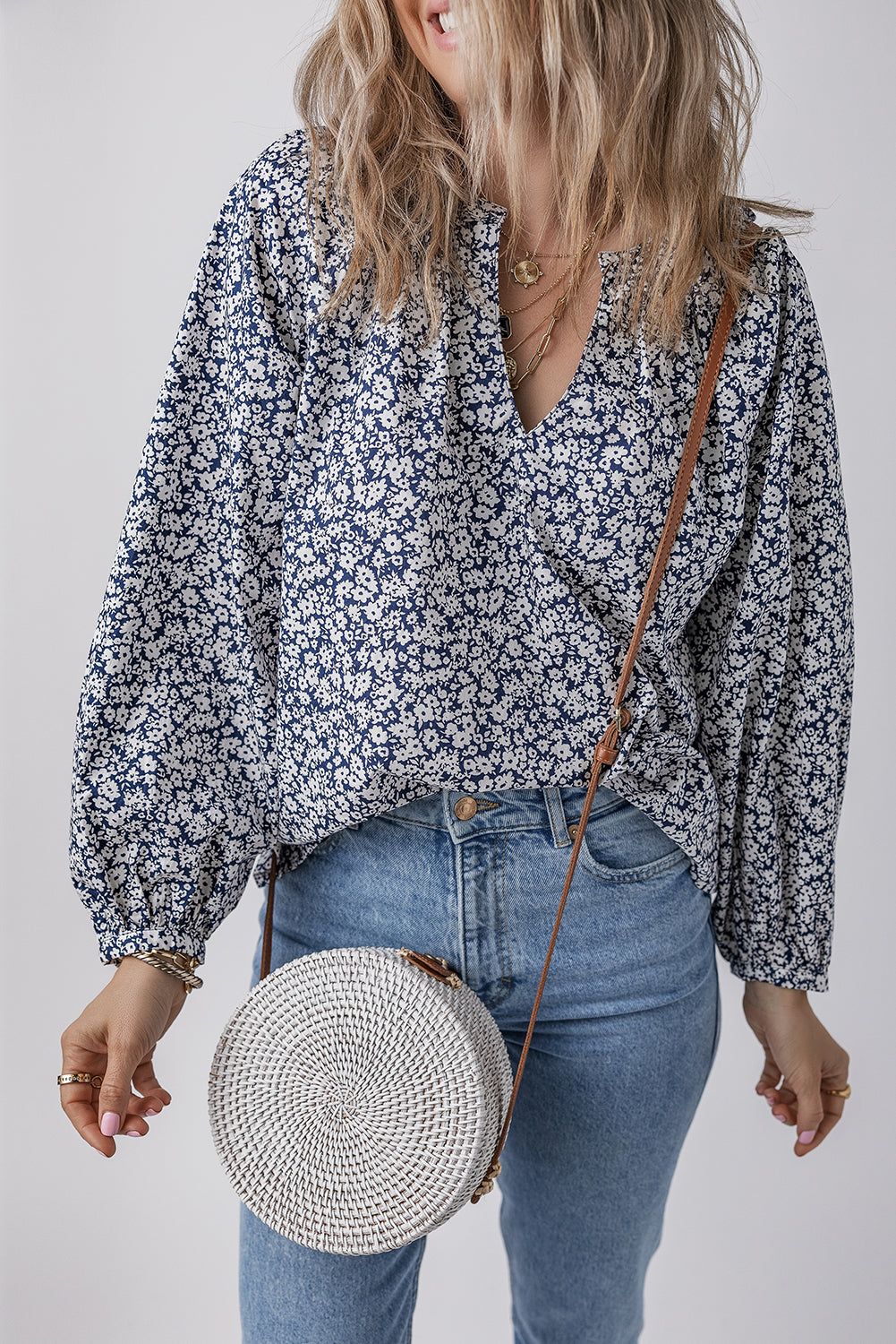 Blouse a manches bouffantes et col en V cranté a imprimé floral