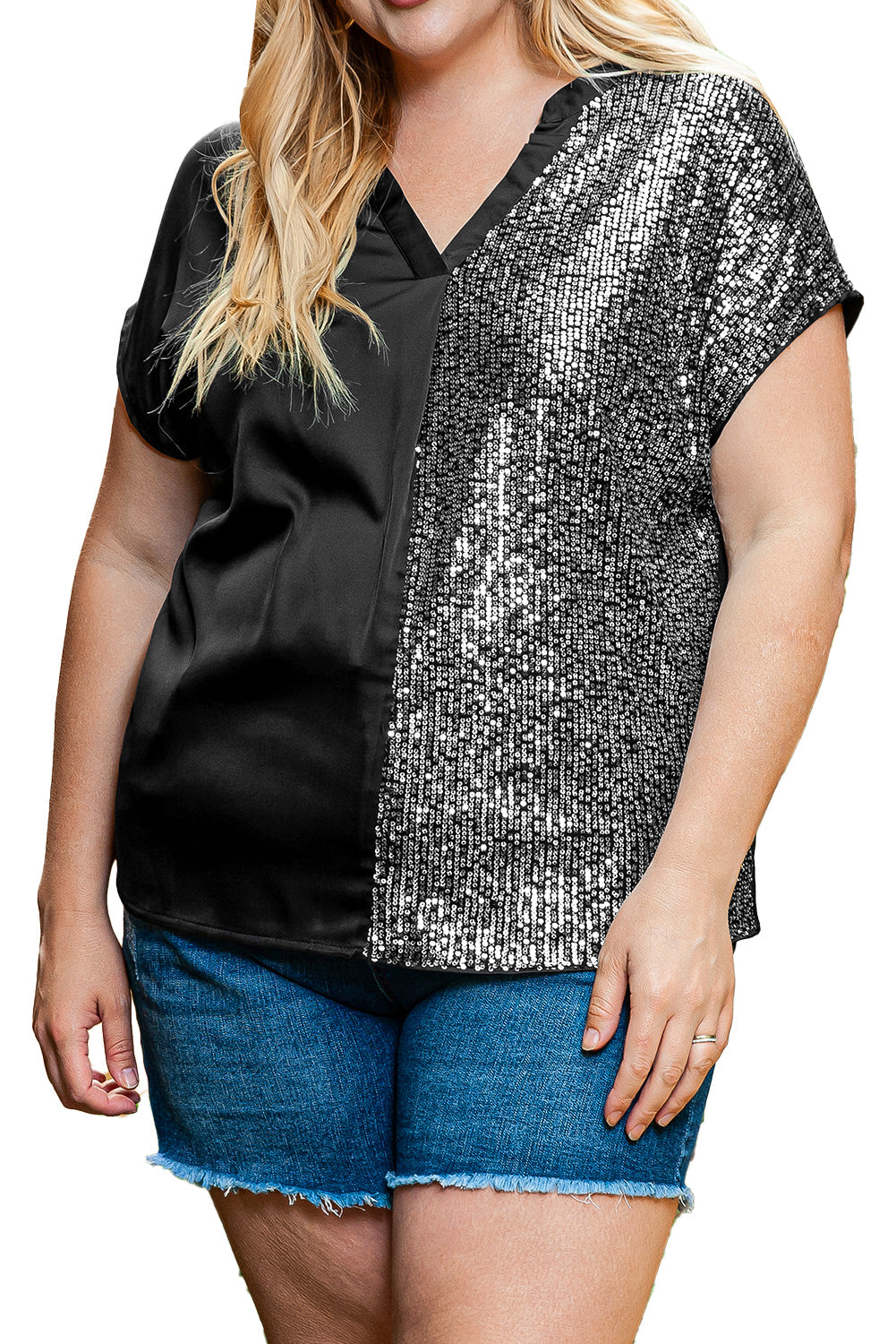 T-shirt Patchwork à Paillettes et Col en V de Grande Taille