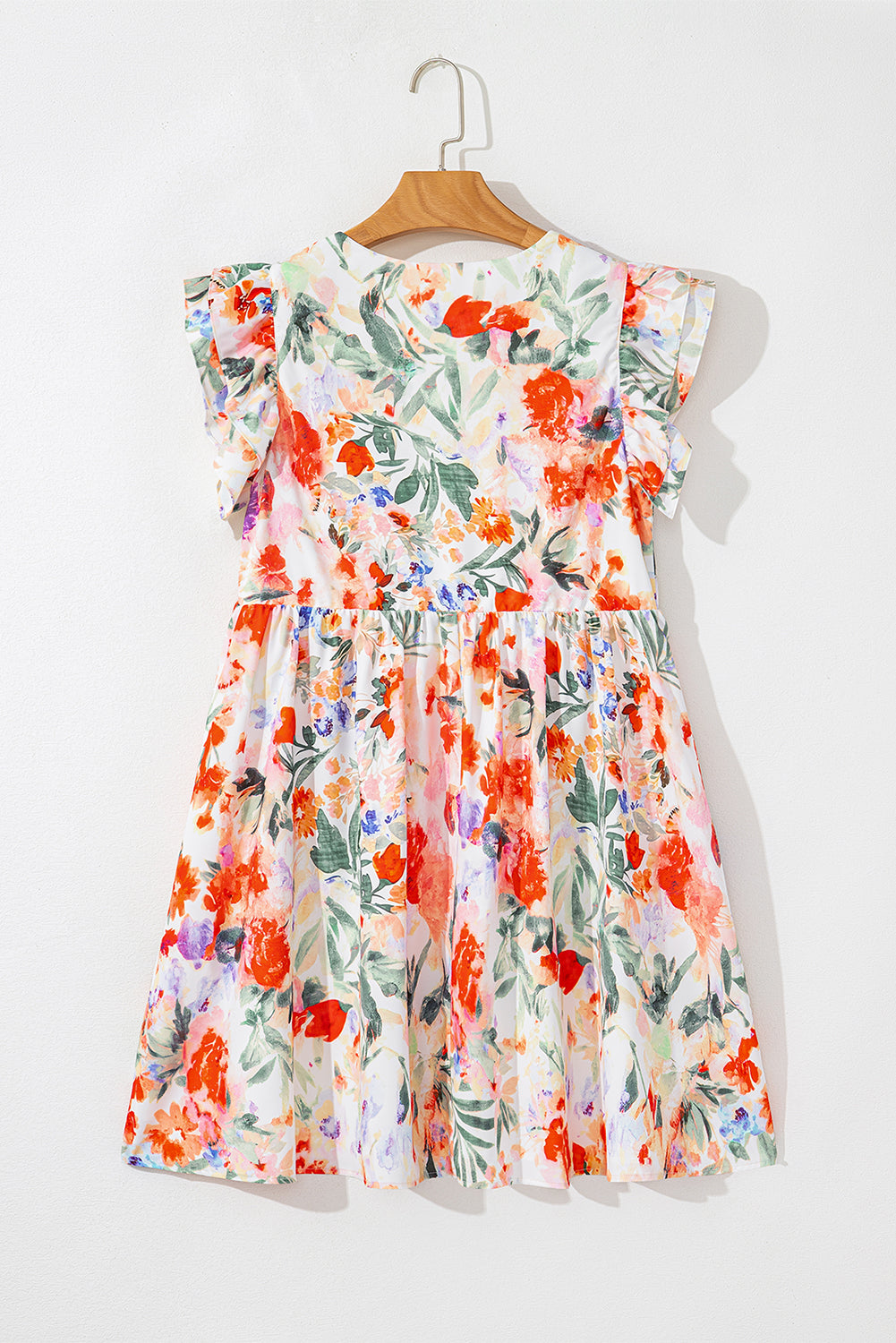 Mini-robe florale à manches à double volant et col en V, taille haute